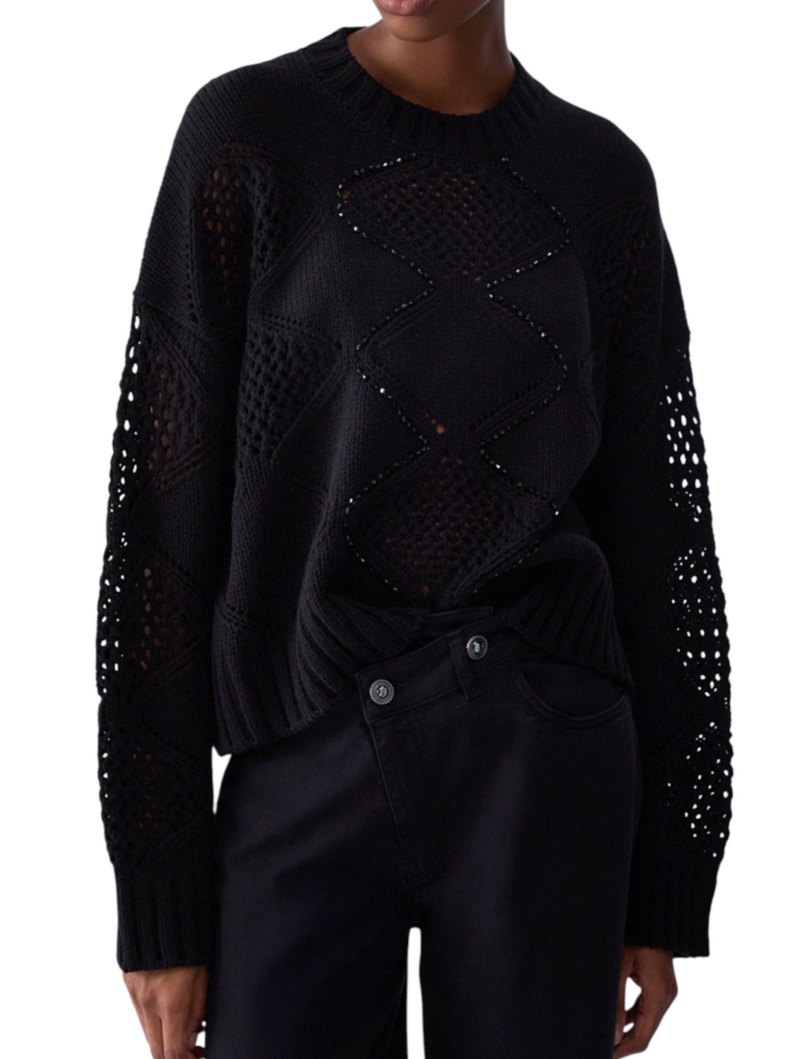 LIU JO - MAGLIA NERA CORTA CON PIETRINE