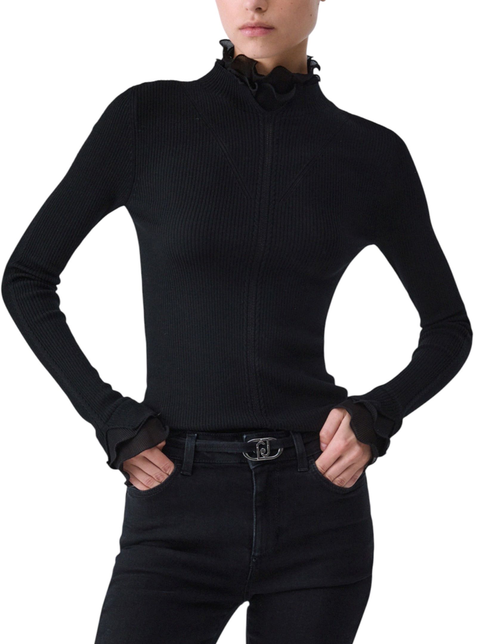 LIU JO - MAGLIA NERA ROUCHES COLLO E MANICA