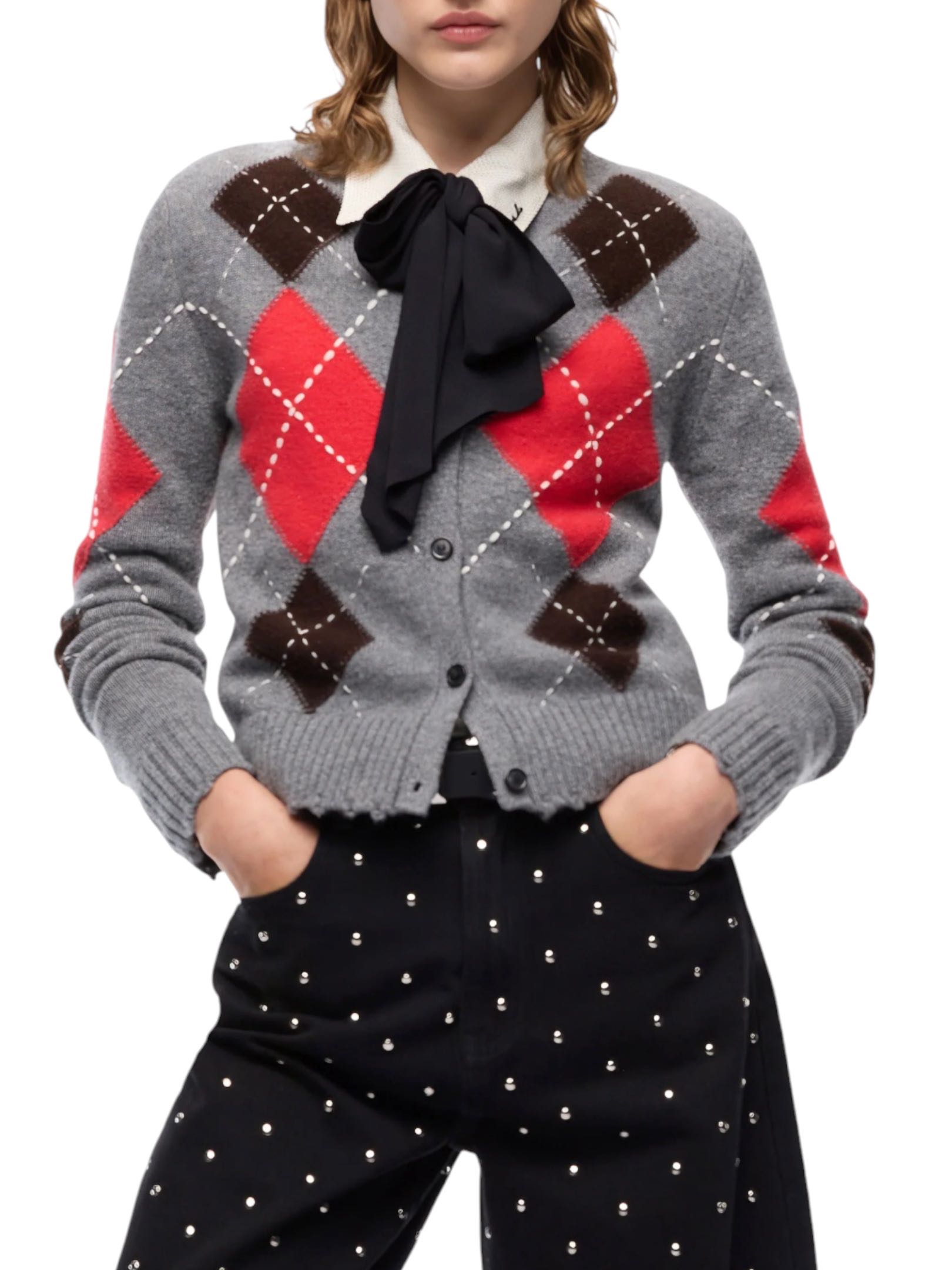 PINKO - CARDIGAN GRIGIO/ROSSO/NERO QUADRI