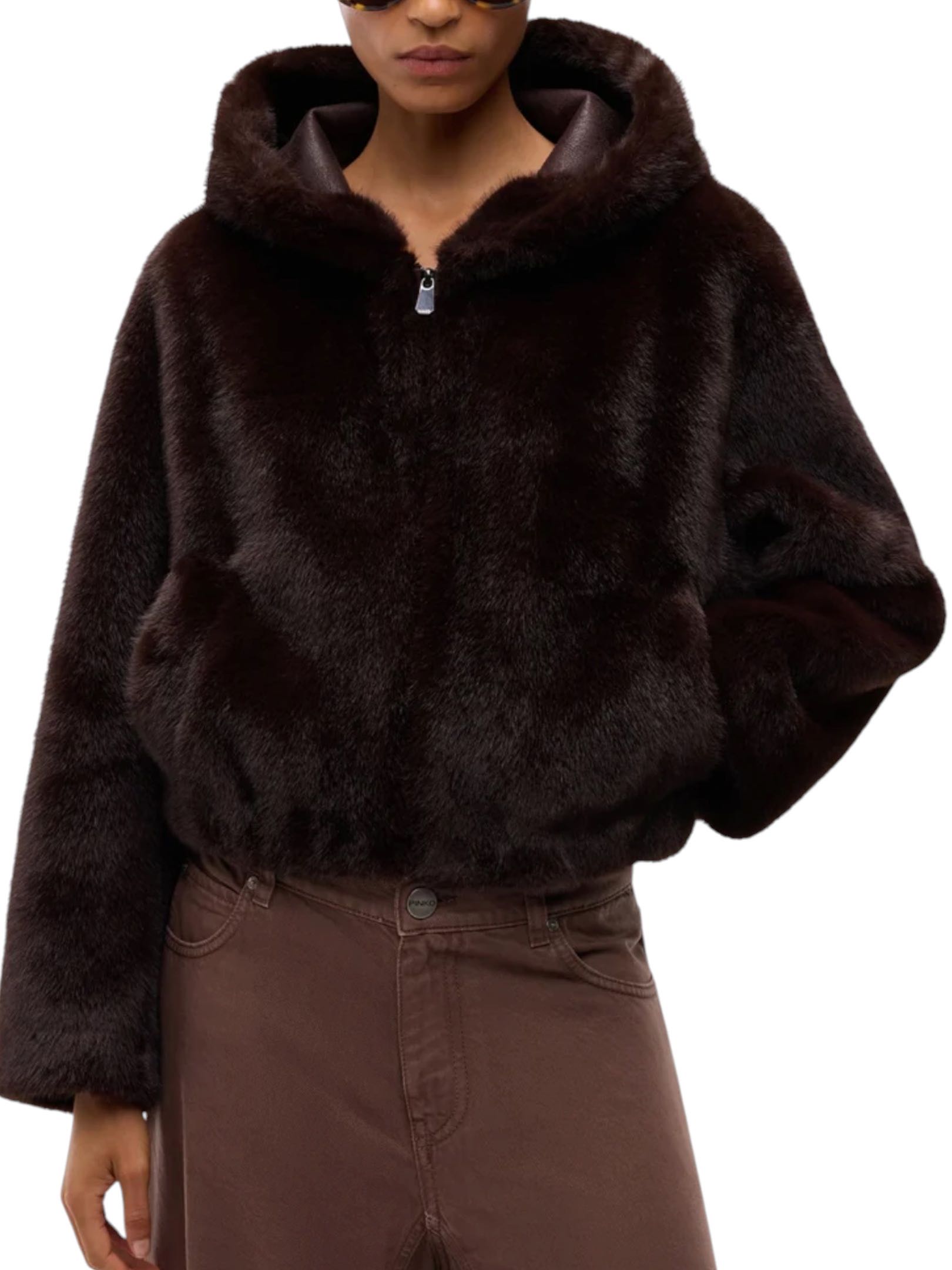 PINKO - PELLICCIA MARRONE CAPPUCCIO