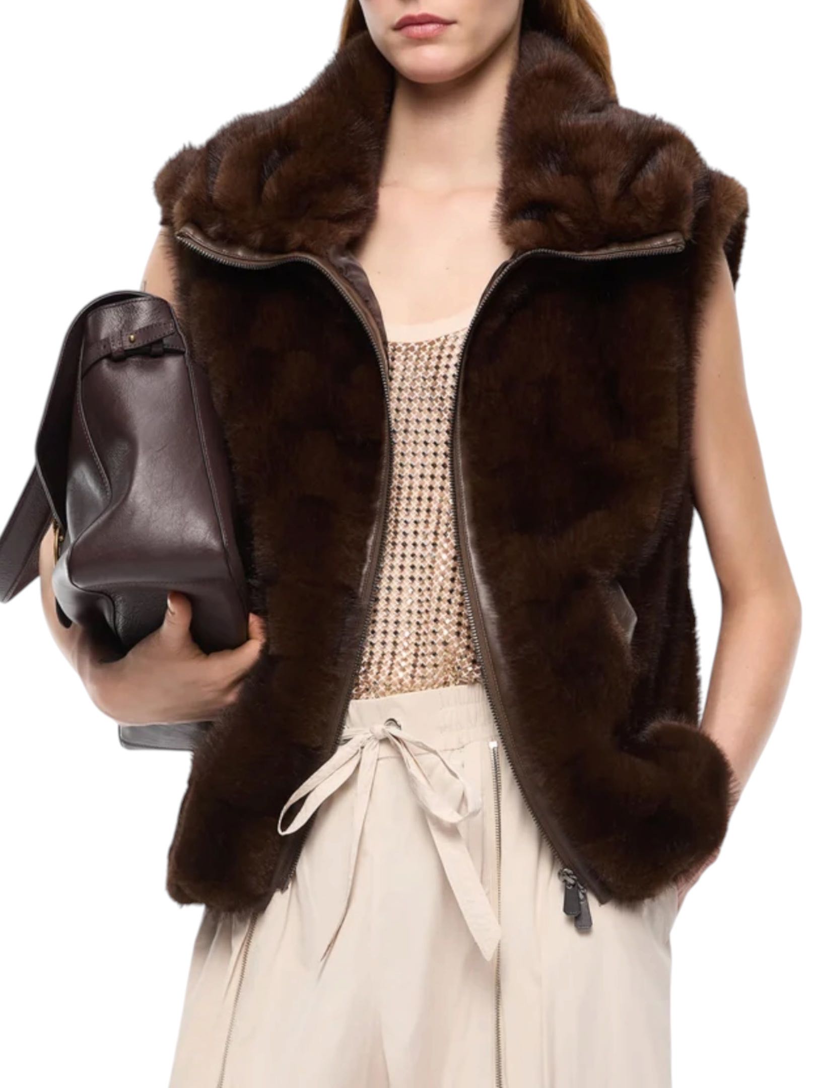 PINKO - GILET MARRONE PELLICCIA