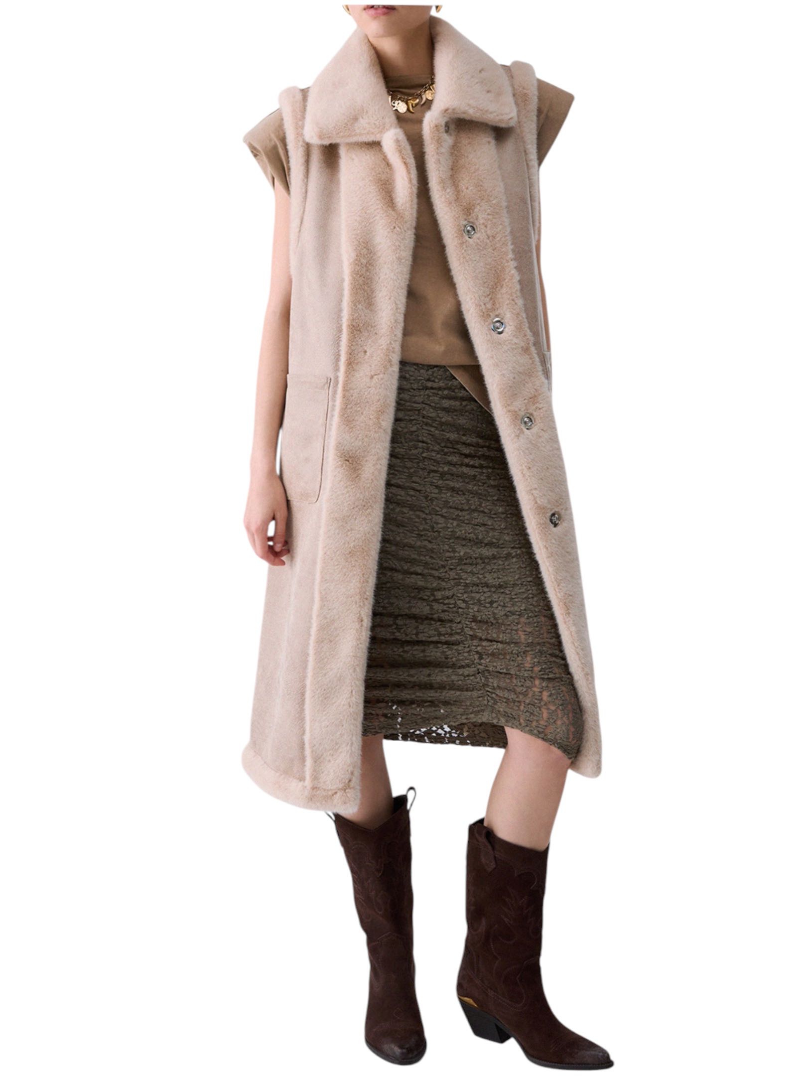 LIU JO - GILET BEIGE LUNGO IN PELO